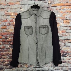 Grey button down with sheer black sleeves